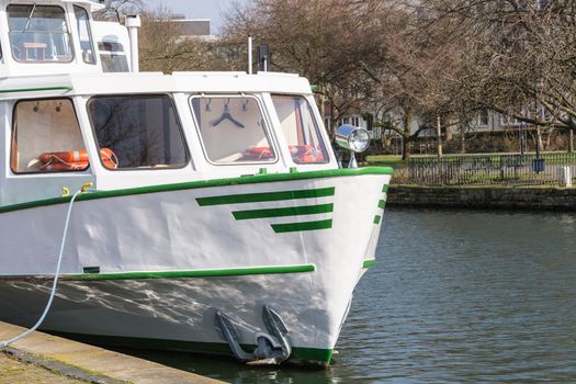 Front View,Sightseeing boat of the White Fleet at berth in Mülheim, Germany.