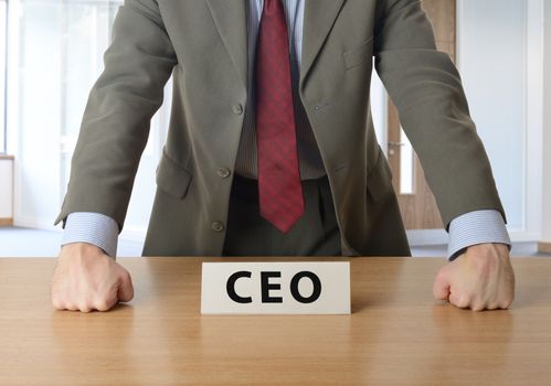CEO leaning on desk in an office