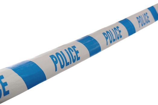 Blue and White Police Line Do Not Cross Tape Line at Angle isolate don a white background