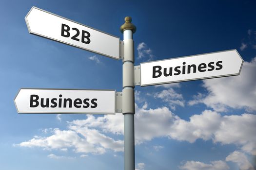 Concept image of a black and white signpost with the words B2B Business 2 Business against a blue cloudy sky.