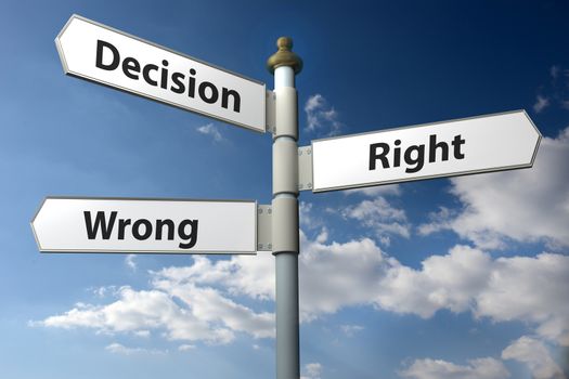 Concept image of a signpost with Decision Right or Wrong against a blue cloudy sky