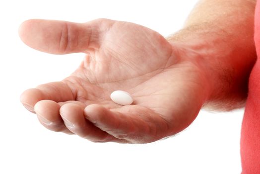 A Hand holding a white pill on a white background