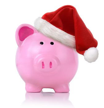 Piggy bank wearing a sant hat isolated