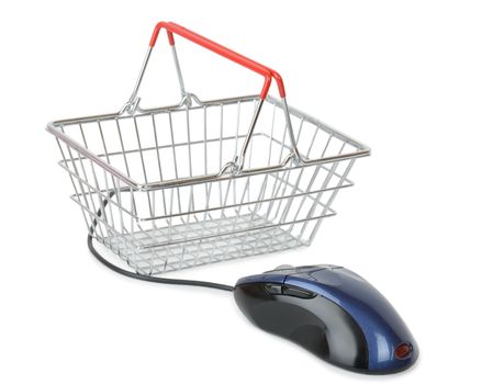 Shopping Cart with computer mouse isolated on white focus on the mouse