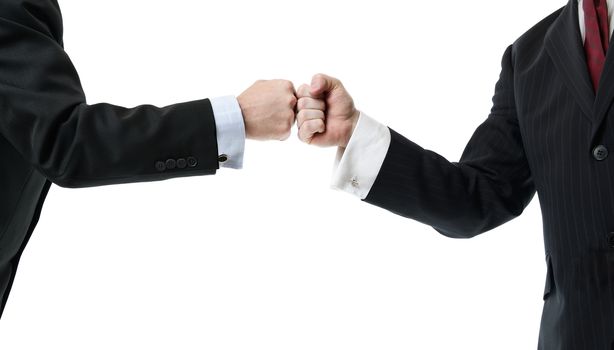 two businessmen greeting with a fist bump isolated on white