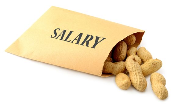 Peanuts falling out of an envelope marked salary isolated on a white background