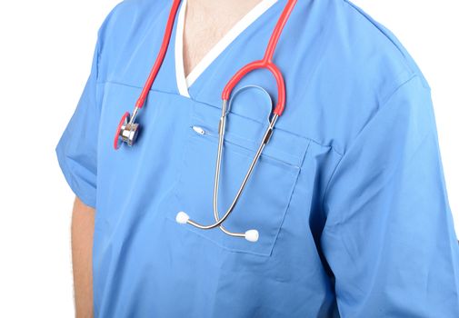 Close up photograph of a doctor in scrubs isolated on a white background