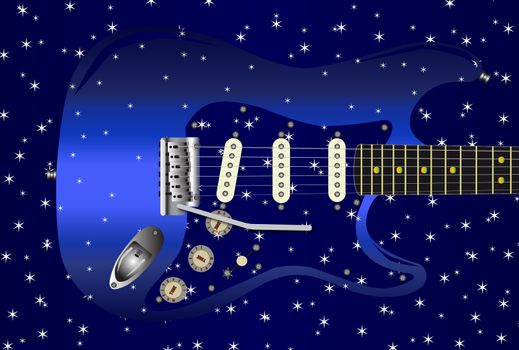 A blue star studded background with a series of small stars over a blue guitar.