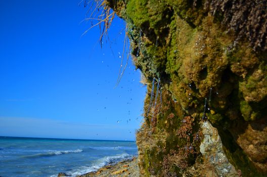 At the sea shore with moss-covered rocks flowing down water