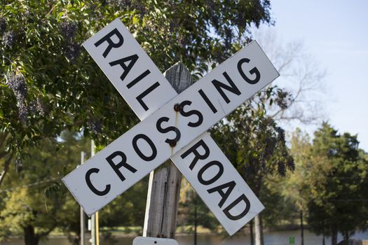 Close up of a railroad crossing sign