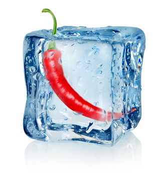 Chili pepper in ice cube isolated on a white background