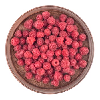 raspberries in plate isolated on white background cutout. Top view.