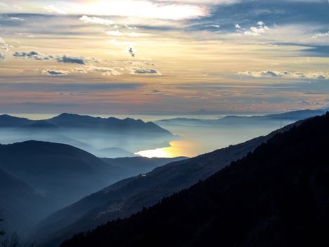 Gambarogno, Switzerland: Trail of Mount Gambarogno and views of the mountains and Lake Maggiore. sunset over the lake maggiore