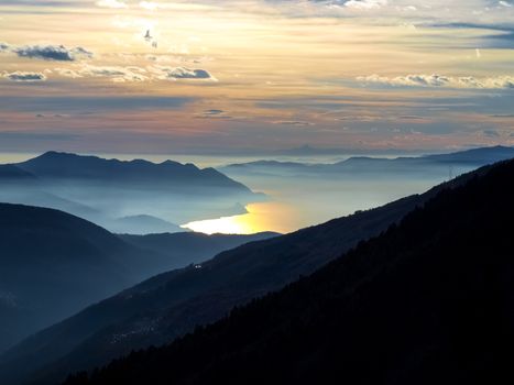 Gambarogno, Switzerland: Trail of Mount Gambarogno and views of the mountains and Lake Maggiore. sunset over the lake maggiore