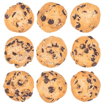 Chocolate chip cookie isolated on white background. Top view.