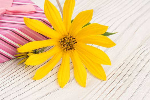 Gift box with a field flower on a white wooden table. Selective focus.