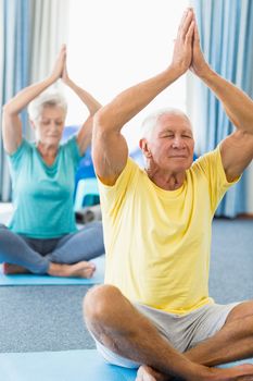 Seniors performing yoga in a studio