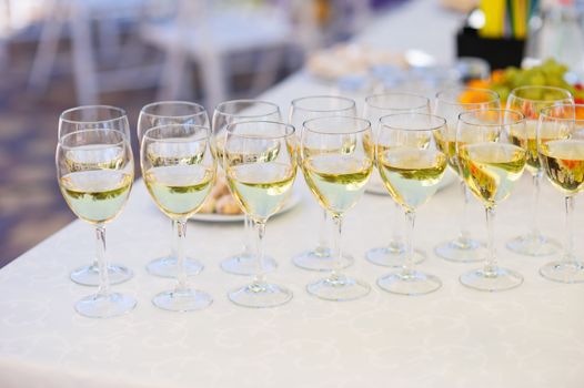 champagne glasses on the table for the wedding buffet.