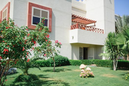 beautiful white house and the landscaping in front of house