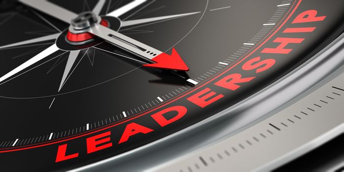 3D illustration of a compass with needle pointing the word leadership over black background. Concept of superiority.