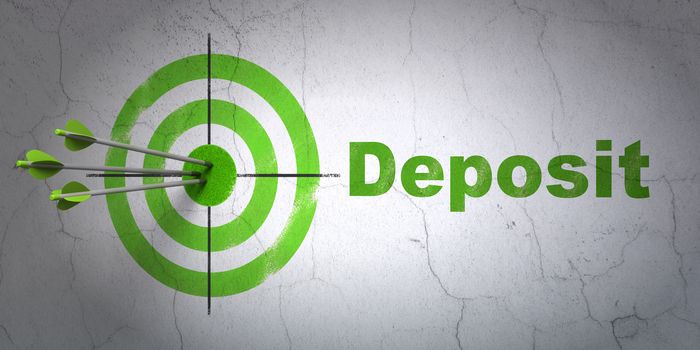 Success money concept: arrows hitting the center of target, Green Deposit on wall background, 3D rendering