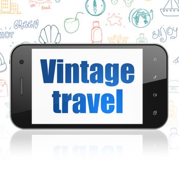 Travel concept: Smartphone with  blue text Vintage Travel on display,  Hand Drawn Vacation Icons background, 3D rendering