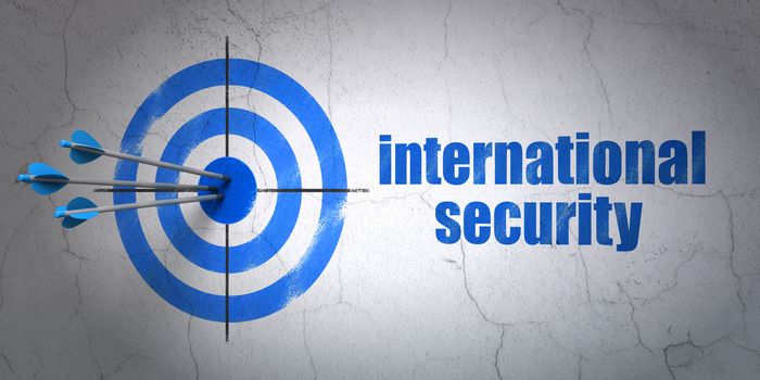 Success protection concept: arrows hitting the center of target, Blue International Security on wall background, 3D rendering