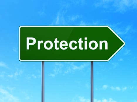 Safety concept: Protection on green road highway sign, clear blue sky background, 3D rendering