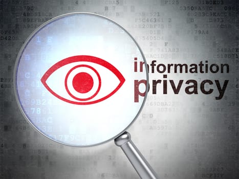 Protection concept: magnifying optical glass with Eye icon and Information Privacy word on digital background, 3D rendering