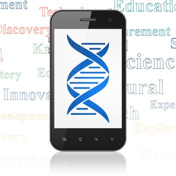 Science concept: Smartphone with  blue DNA icon on display,  Tag Cloud background, 3D rendering