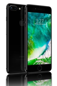 Galati, Romania – October 05, 2016: 3D rendering of Jet Black iPhone 7 Plus on black background. Devices displaying the applications on the home screen. The iPhone 7 Plus is smart phone with multi touch screen produced by Apple Computer, Inc.