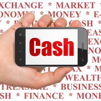 Money concept: Hand Holding Smartphone with  red text Cash on display,  Tag Cloud background, 3D rendering