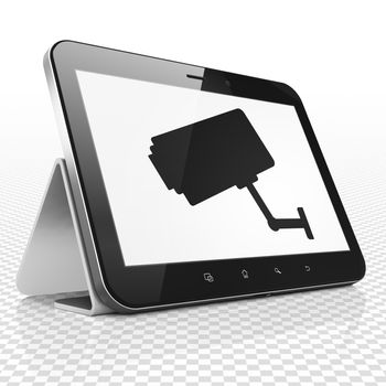 Security concept: Tablet Computer with black Cctv Camera icon on display, 3D rendering