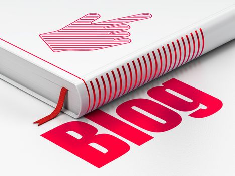 Web design concept: closed book with Red Mouse Cursor icon and text Blog on floor, white background, 3D rendering