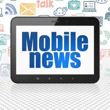 News concept: Tablet Computer with  blue text Mobile News on display,  Hand Drawn News Icons background, 3D rendering