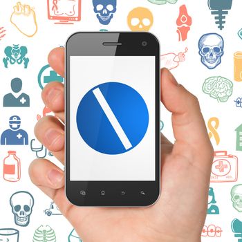 Medicine concept: Hand Holding Smartphone with  blue Pill icon on display,  Hand Drawn Medicine Icons background, 3D rendering