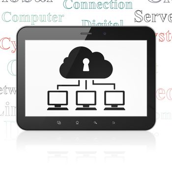Cloud networking concept: Tablet Computer with  black Cloud Network icon on display,  Tag Cloud background, 3D rendering