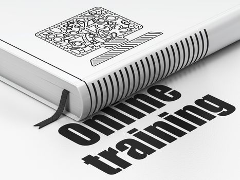 Learning concept: closed book with Black Computer Pc icon and text Online Training on floor, white background, 3D rendering