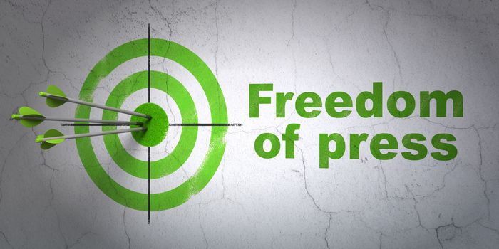 Success politics concept: arrows hitting the center of target, Green Freedom Of Press on wall background, 3D rendering