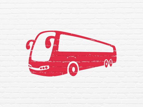Travel concept: Painted red Bus icon on White Brick wall background