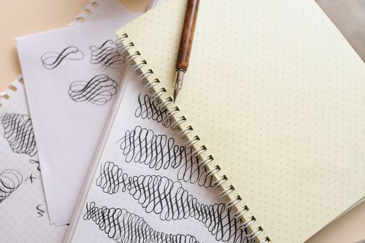 calligraphic flourishes in the album and pen on the table