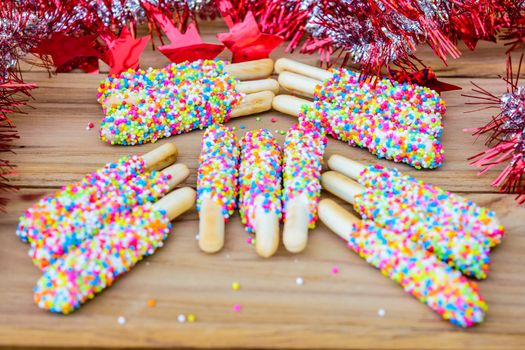 Colorful biscuit stick coated enamel rainbow sugar