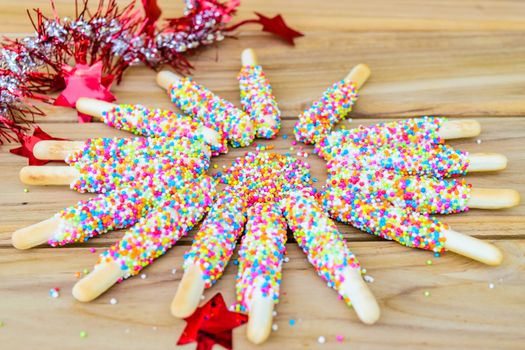 Colorful biscuit stick coated enamel rainbow sugar