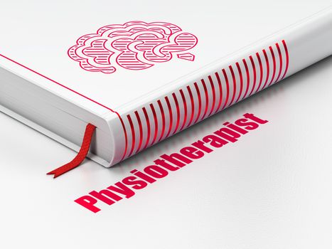 Healthcare concept: closed book with Red Brain icon and text Physiotherapist on floor, white background, 3D rendering