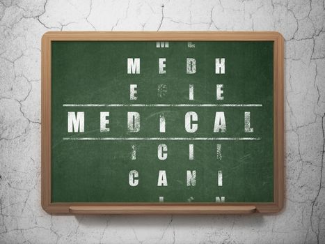 Healthcare concept: Painted White word Medical in solving Crossword Puzzle on School board background, 3D Rendering