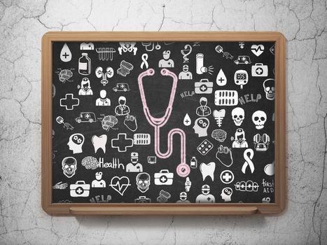Health concept: Chalk Pink Stethoscope icon on School board background with  Hand Drawn Medicine Icons, 3D Rendering