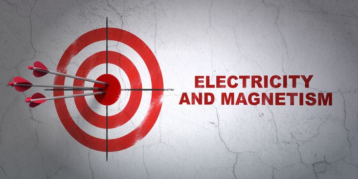 Success Science concept: arrows hitting the center of target, Red Electricity And Magnetism on wall background, 3D rendering