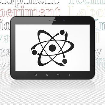 Science concept: Tablet Computer with  black Molecule icon on display,  Tag Cloud background, 3D rendering