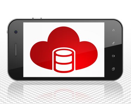 Cloud networking concept: Smartphone with red Database With Cloud icon on display, 3D rendering