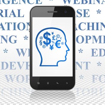 Education concept: Smartphone with  blue Head With Finance Symbol icon on display,  Tag Cloud background, 3D rendering